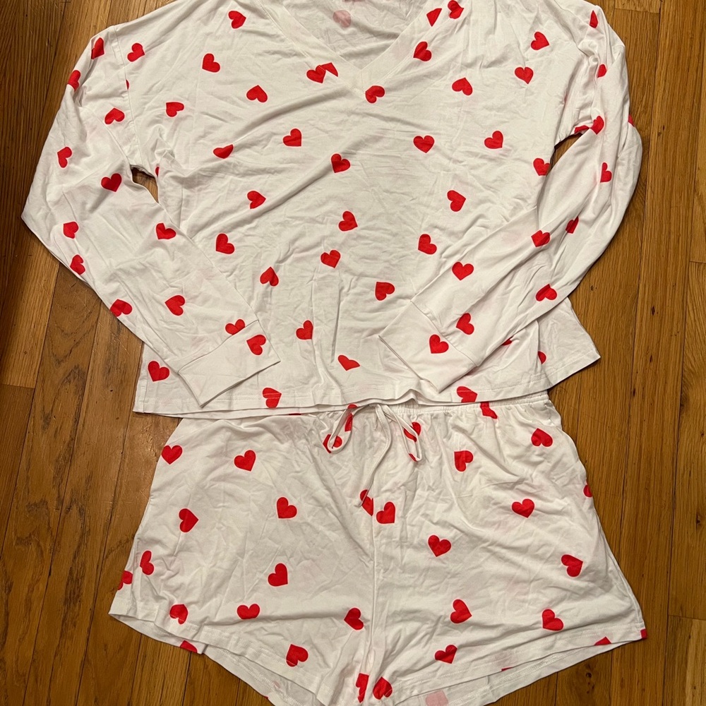 Pink Lily Pajama Set - White with Red Hearts